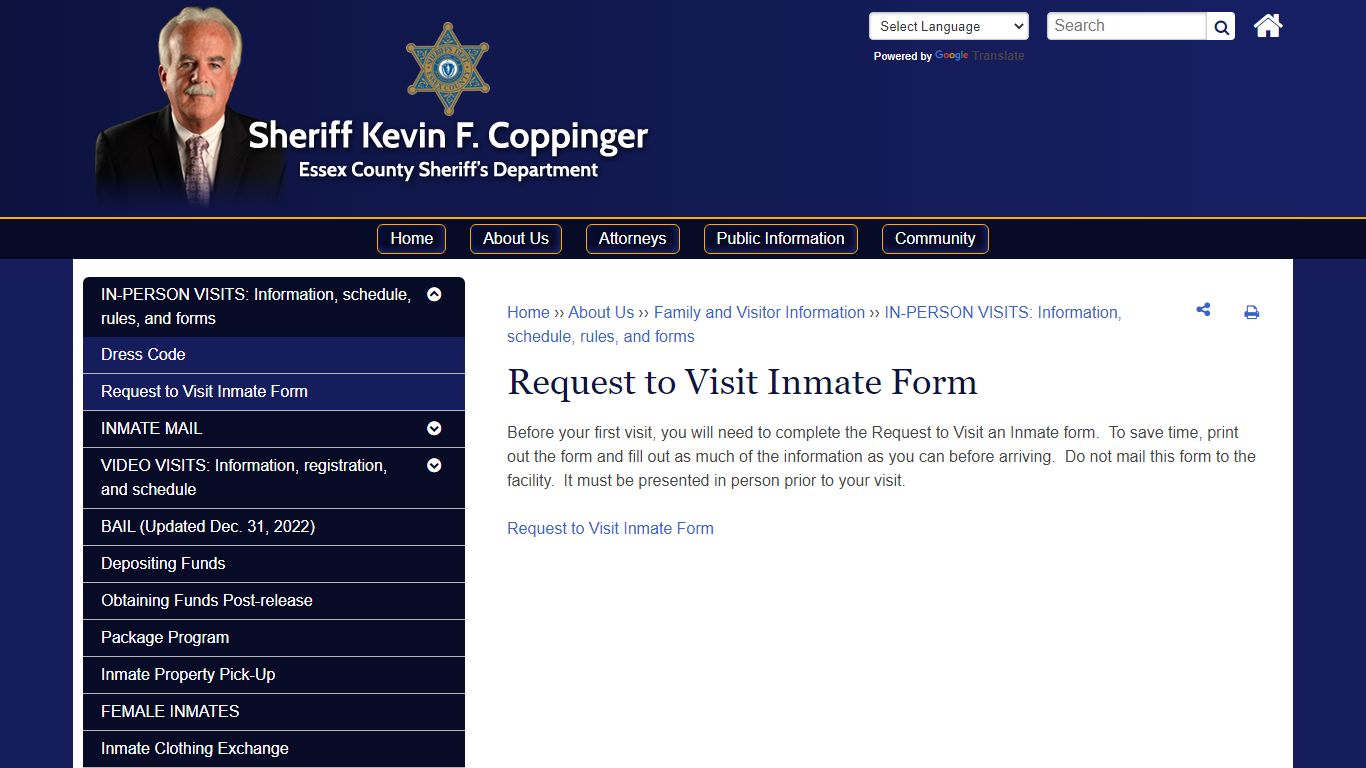 Request to Visit Inmate Form | Essex County Sheriff's Department