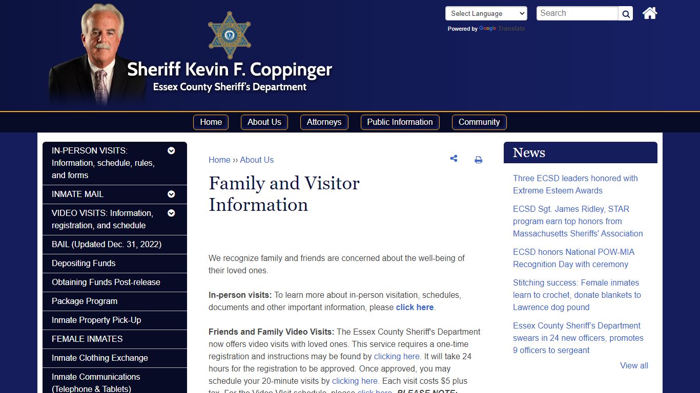 Family and Visitor Information | Essex County Sheriff's Department